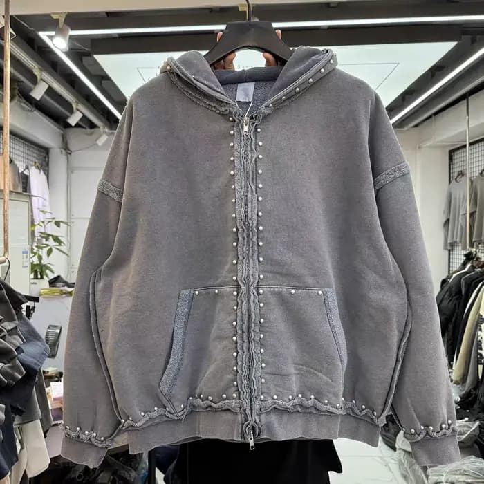 Rétro lavé en détresse rivet décoration à capuche hommes femmes de haute qualité Vintage surdimensionné pull