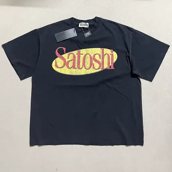 T-shirt Satoshi Nakamoto vintage en coton vieilli, col rond, manches courtes, imprimé lettres, coupe