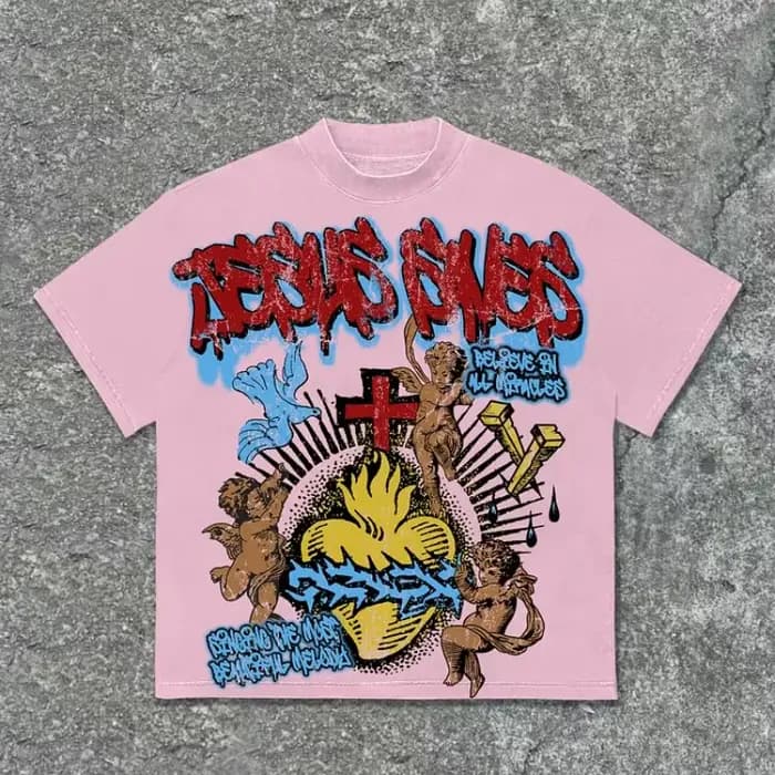 Vintage jésus sauve ange imprimé graphique coton T-Shirt hommes Y2K été manches courtes décontracté surdimensionné