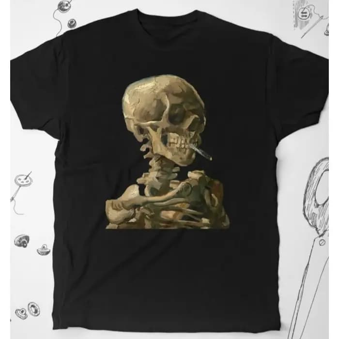 T-shirt squelette tendance avec design graphique vintage Van Gogh