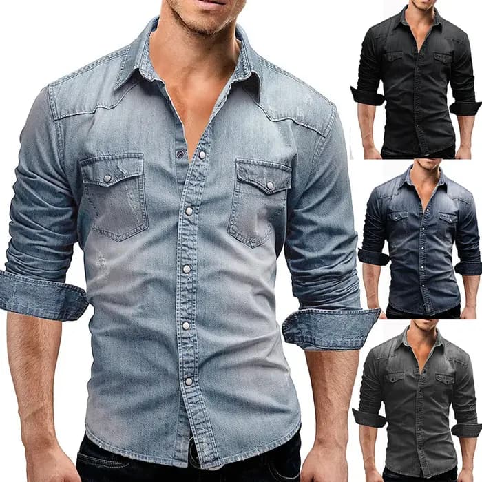 Chemise en denim élastique en coton pour hommes