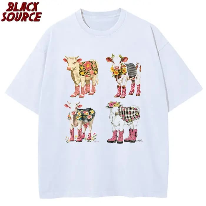 T078 T-Shirt imprimé vache de dessin animé mignon pur coton lavé épaule col rond Style neutre mode tendance nouveau court de haute qualité