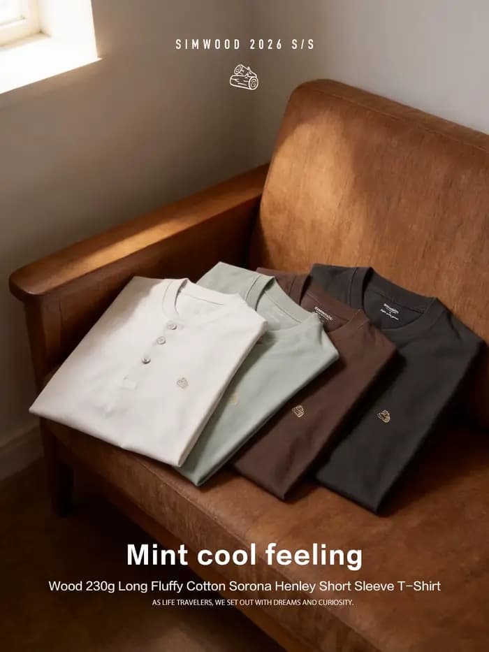 SIMWOOD Nouveauté Été 2026 T-shirts Homme en Tissu Sorona 230 g/m² Col Henley Grandes Tailles Vêtements de Marque