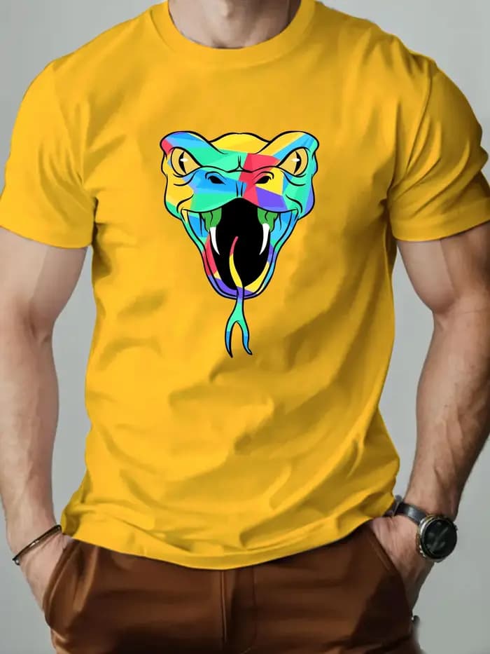 T-Shirt homme 100% coton dessin animé Animal serpent imprimé été surdimensionné col rond respirant décontracté manches