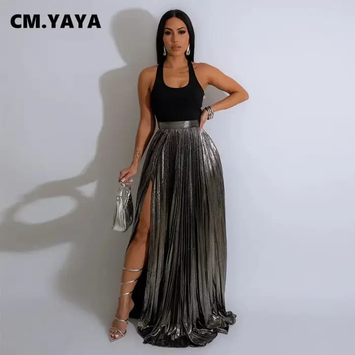 CM.YAYA-Jupe longue plissée avec fente latérale haute pour femme