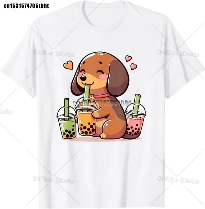 T-shirt japonais Kawaii Corgi Dog, Shiba Inu, Boire du thé aux bulles, T-shirt Boba, Tenue de boisso