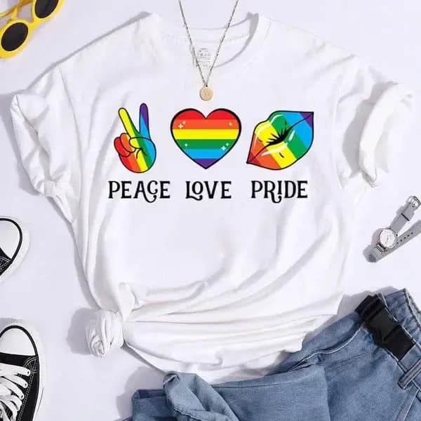 T-shirt manches courtes col rond femme, Peace Love Pride, coloré, imprimé