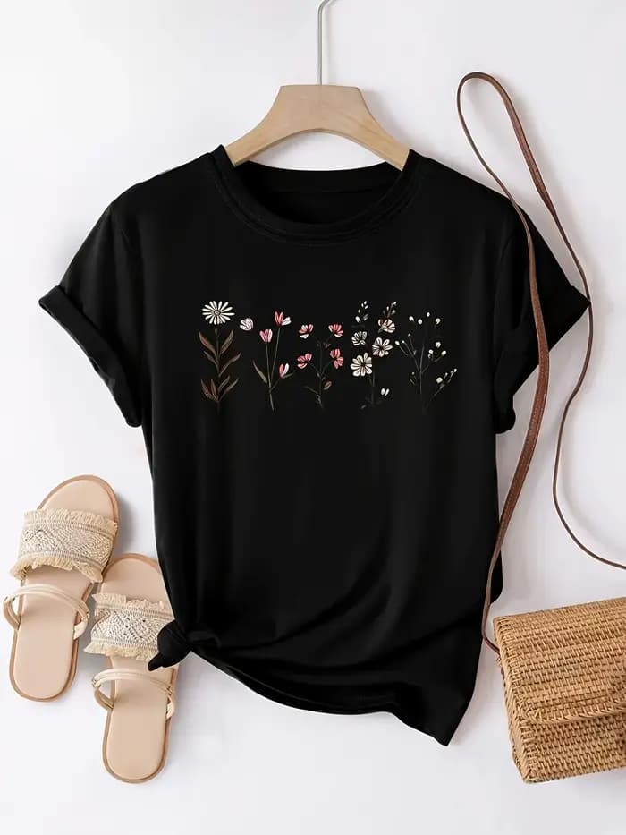 T-shirt pour femme à col rond avec imprimé de cinq petits arbres