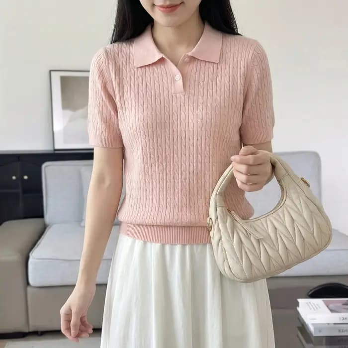 T-shirt polo torsadé 100 % coton à deux boutons et manches courtes pour femme – Coupe ajustée