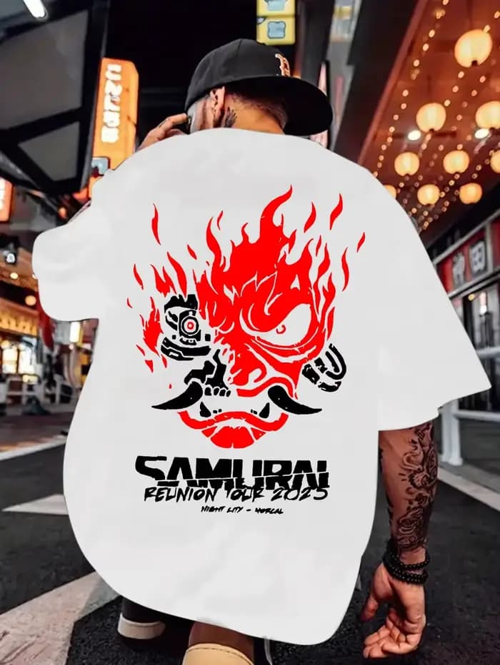 T-shirt pour homme à motif samouraï japonais - Noir avec imprimé flamme rouge au dos