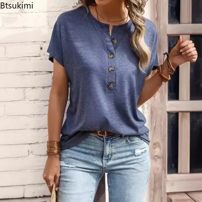 T-shirts décontractés amples à manches courtes et boutons de couleur unie pour femmes