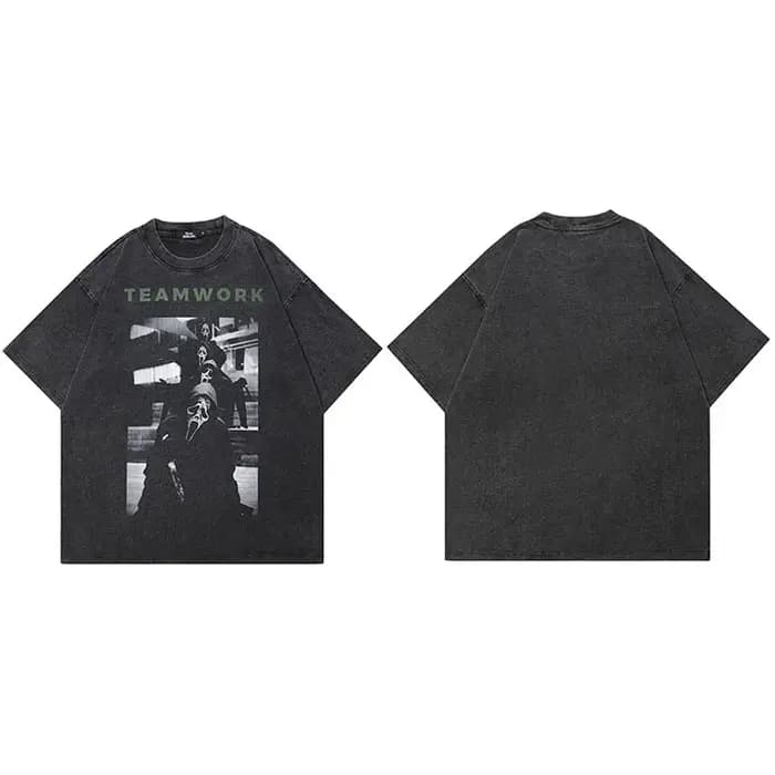 HipHop 2025 rétro Vintage lavé noir T-Shirt Streetwear graphique travail d'équipe crâne fantôme T-Sh