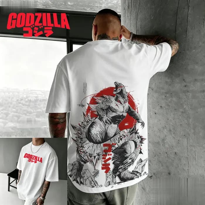 Nouveau t-shirt américain rétro en coton à manches courtes avec imprimé Godzilla