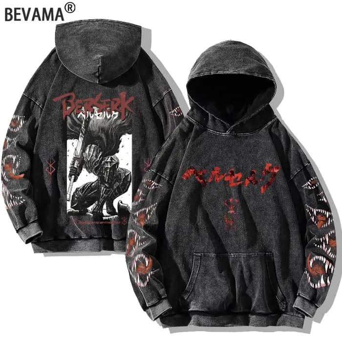 Berserk imprimé délavé sweats à capuche gothique Vintage coton sweat