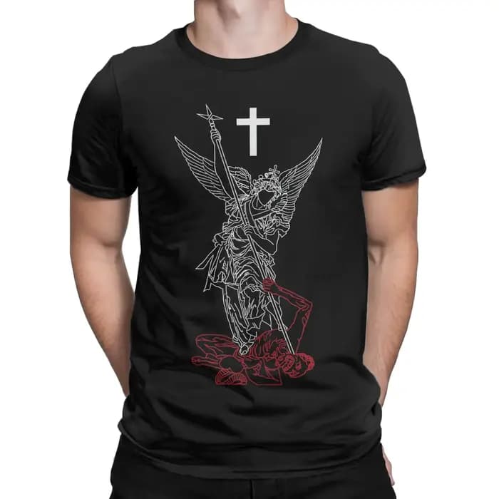 T-shirt Saint Michel l'archange vainquant Satan Warrior Faith, t-shirt drôle en coton pour hommes, col rond, vêtements à manches courtes