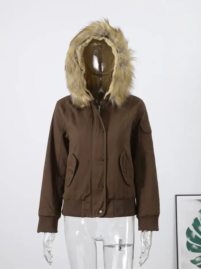 Veste bombardier à capuche avec col en fourrure pour femme