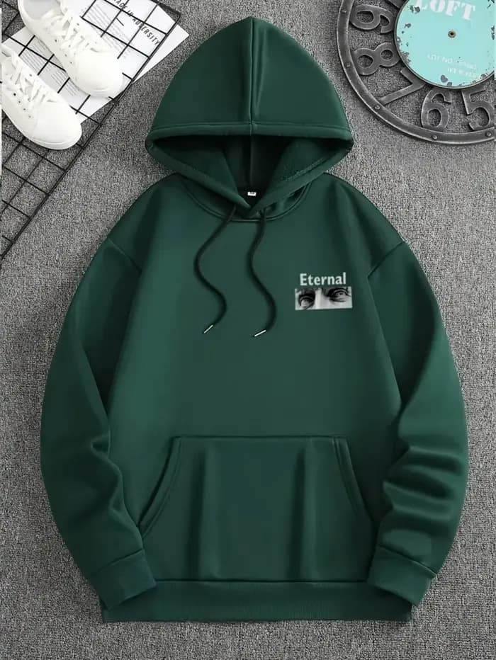 Sweat à capuche polaire pour homme, noir vintage, avec motif yeux sculptés et photo Eternal 1997, imprimé dos avec inscription, style streetwear minimaliste noir