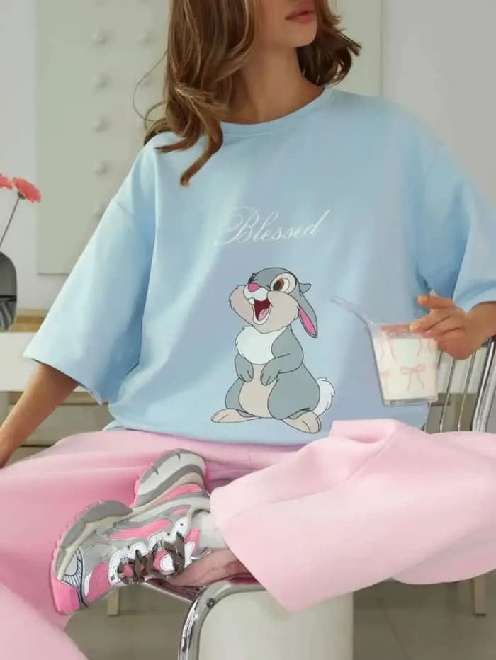 Kawaii lapin imprimé blanc 100% coton américain décontracté Streetwear femmes t-shirt à manches courtes col rond