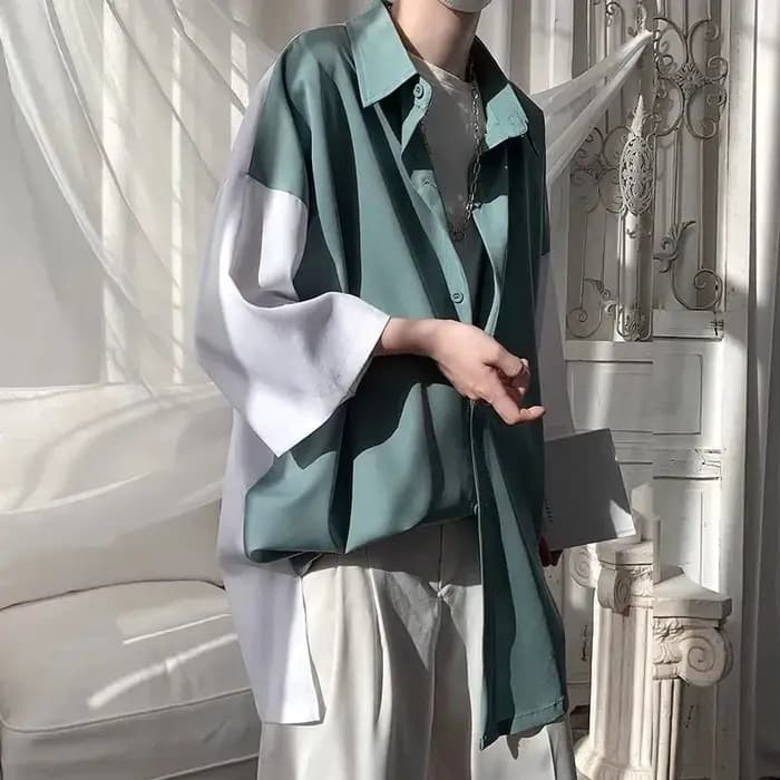 Chemise Homme Été Ample Tendance Marque Manches Trois-quarts Couleurs Contrastées Couture Patchwork Vêtements Masculins