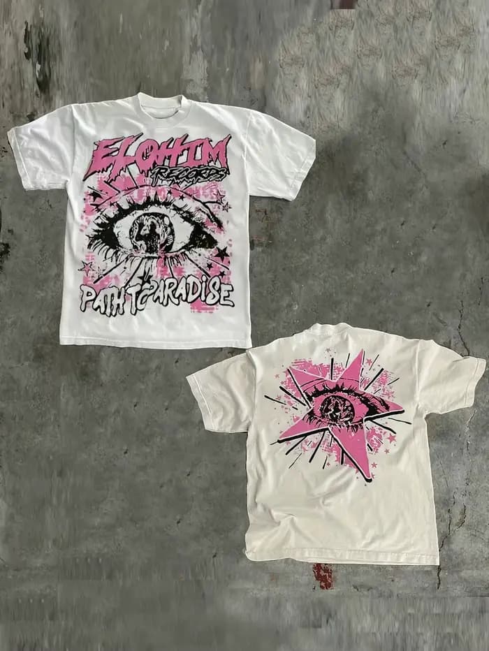 T-shirt rétro Y2K ELOHIM Path To Paradise pour hommes - Impression audacieuse blanc/rose/noir