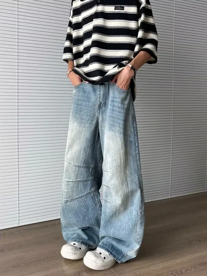 2025 Ropa Y2K mode lavé bleu Baggy plissé nouveau jean pantalon pour hommes 90S Vintage vêtements coréen décontracté