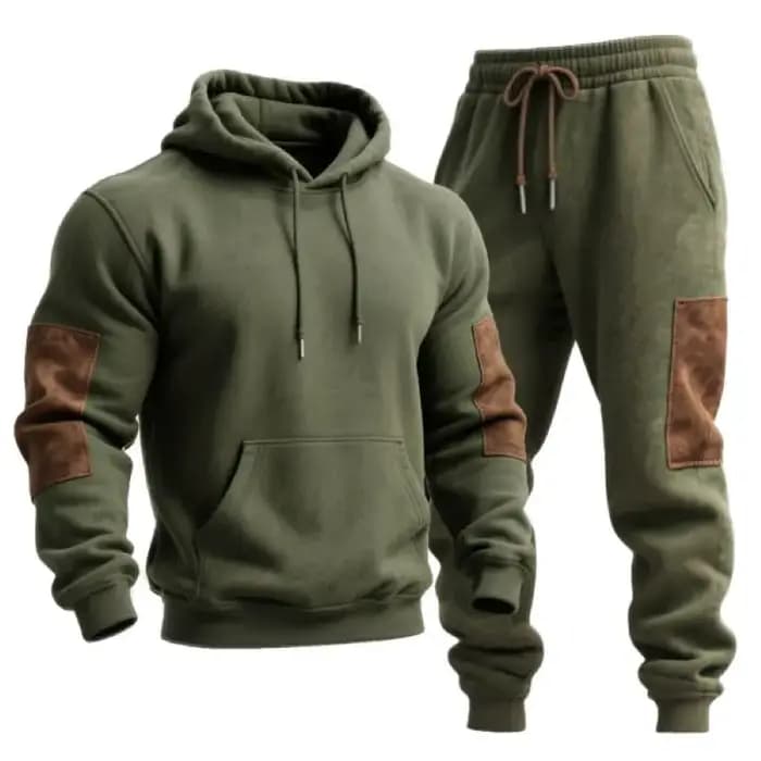 Ensemble de jogging à capuche et pantalon de survêtement en daim marron avec coutures vertes de l'ar