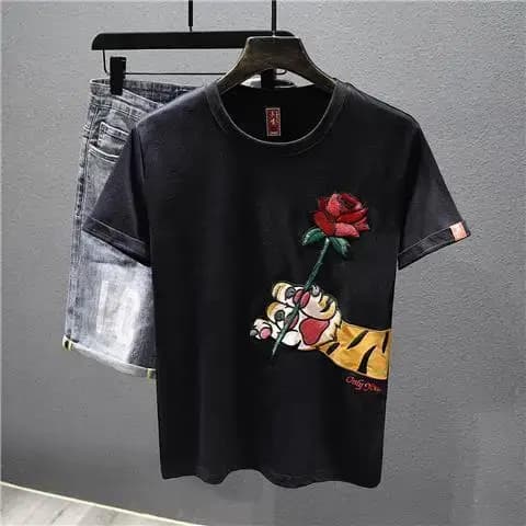 Nouveau T-shirt pour homme à manches courtes brodé de roses, décontracté d'été, col rond, coupe ampl