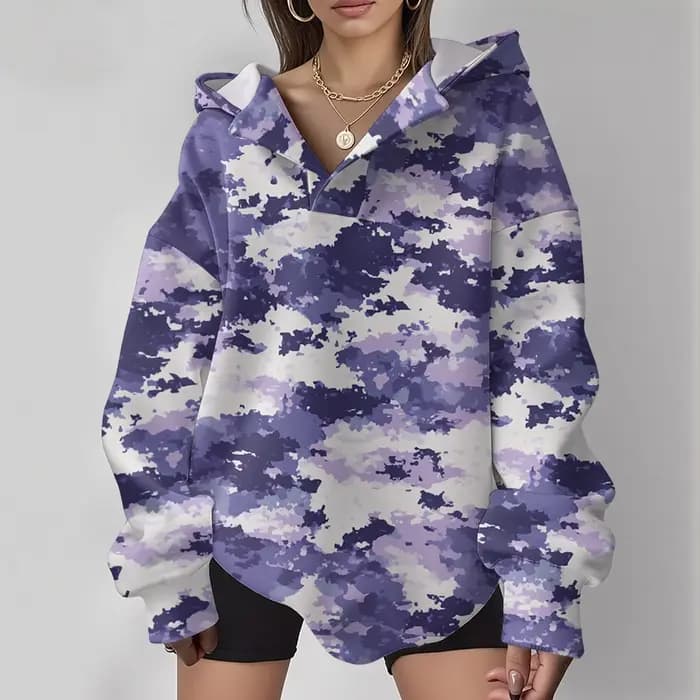 Sweat à capuche surdimensionné à col en v pour femme, imprimé camouflage, coupe ample, automne hiver
