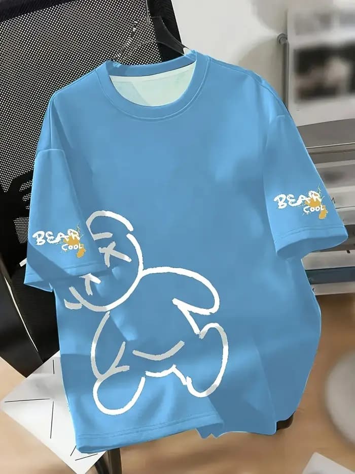 T-shirt d'été respirant pour homme à col rond avec imprimé ours de dessin animé