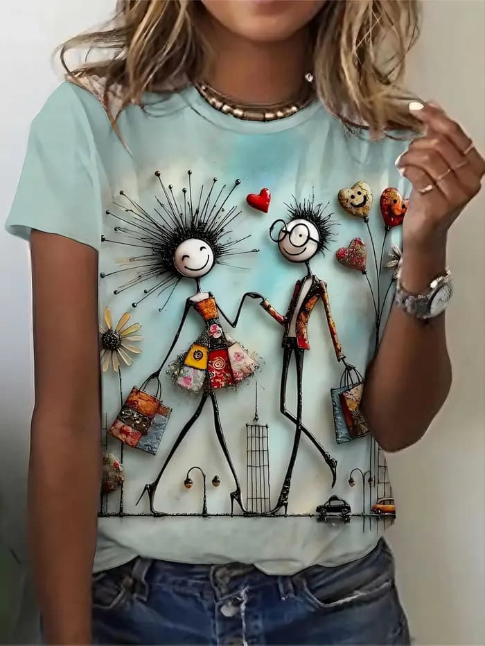 T-shirt bleu clair pour femme - Motif graphique de couple fantaisiste