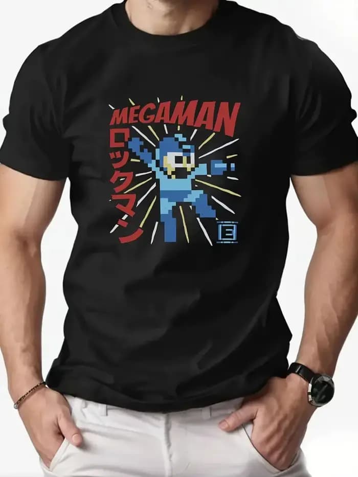 T-shirt graphique Megaman rétro pour hommes, bleu marine, décontracté, à manches courtes, avec motif