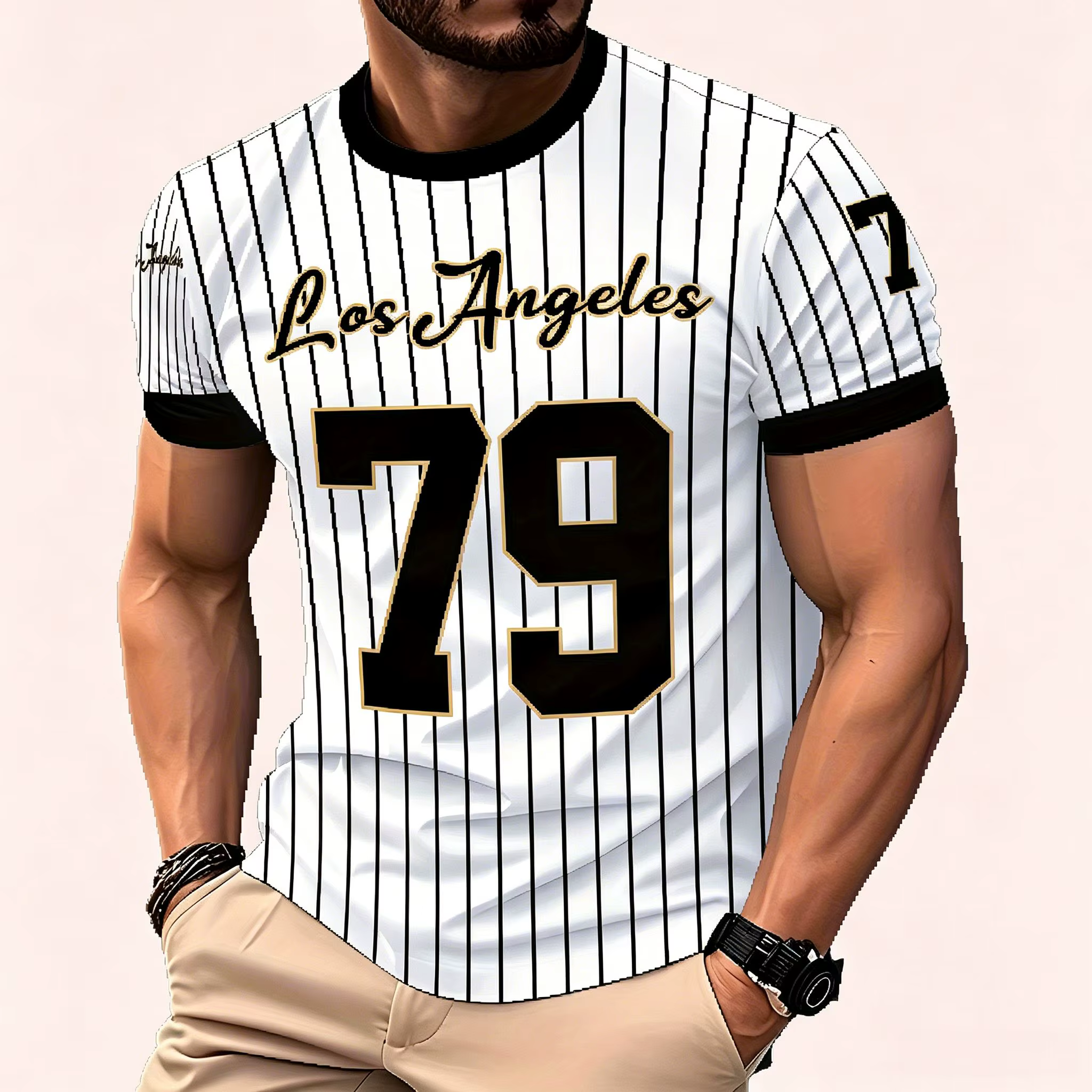 T-shirt de baseball rayé Los Angeles 79 pour homme, noir avec numéro doré, style streetwear sportif,
