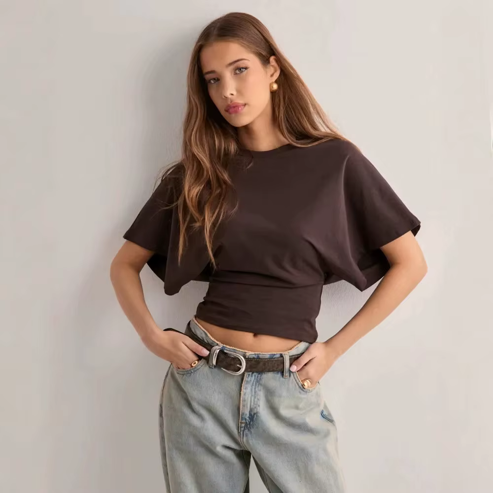 T-shirt d'été ample à manches courtes pour femme, col rond, design amincissant et tendance, taille c