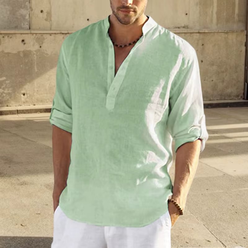 Chemise en lin de coton pour hommes, chemisier décontracté, col montant, t-shirt à manches longues p