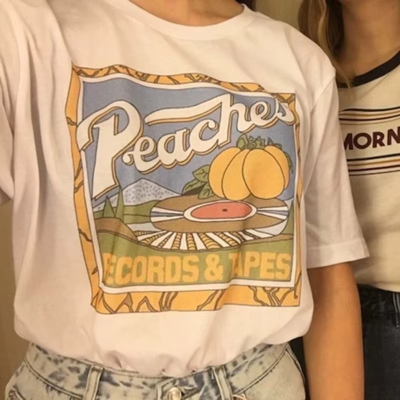 T-Shirt d'été imprimé pêche unisexe, mode Hipsters Grunge graphique Tee 70s Vintage rétro femmes Top