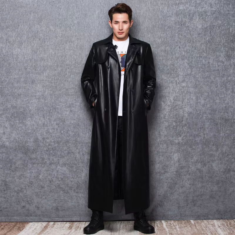 Lautaro-Trench-Coat long en cuir noir pour hommes, manches longues, double boutonnage, grande taille