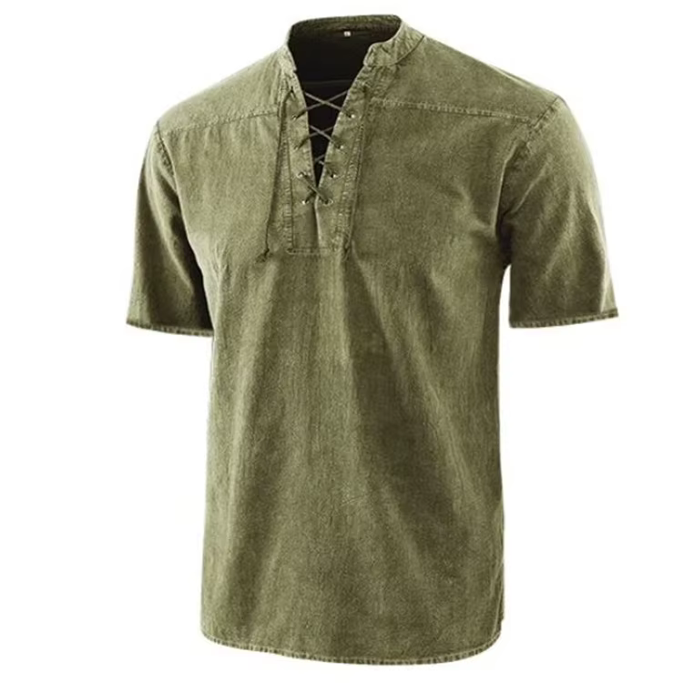 T-Shirt à Manches Courtes et Col Montant pour Homme, Streetwear Slim, à Lacets sur le Devant, de Cou