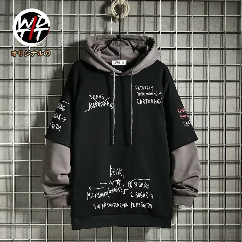 Printemps/automne hommes pull rétro faux deux pièces à capuche coréen Hip Hop imprimé sweat à capuch