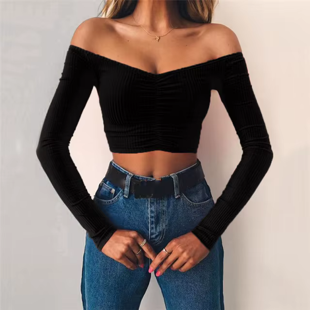 T-shirt à manches longues et épaules dénudées pour femmes, t-shirt basique, monochrome, sexy, mode c
