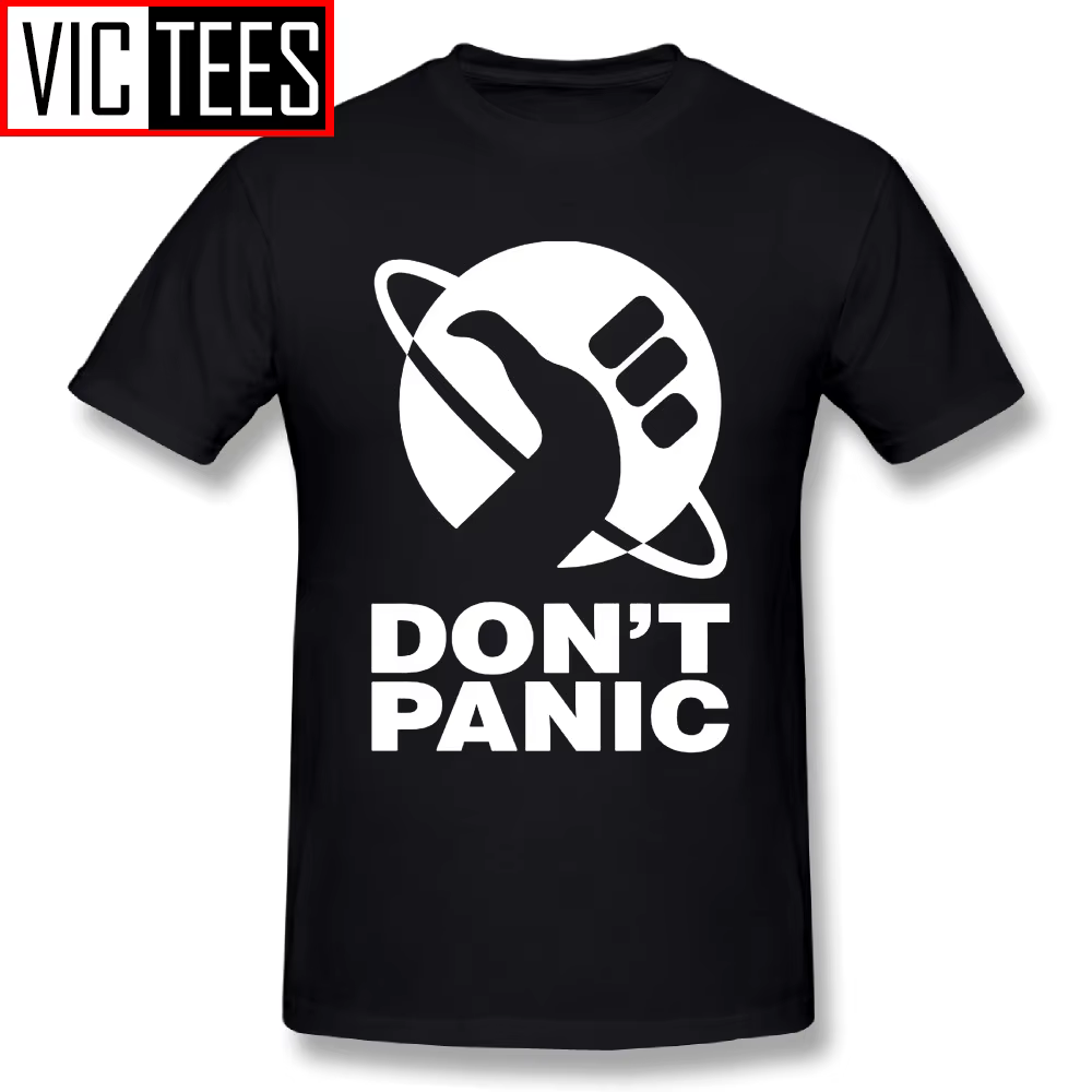 T-shirt imprimé Don't Panic pour homme, col ras du cou, logo The Hitchhikers Guide to The Galaxy, co