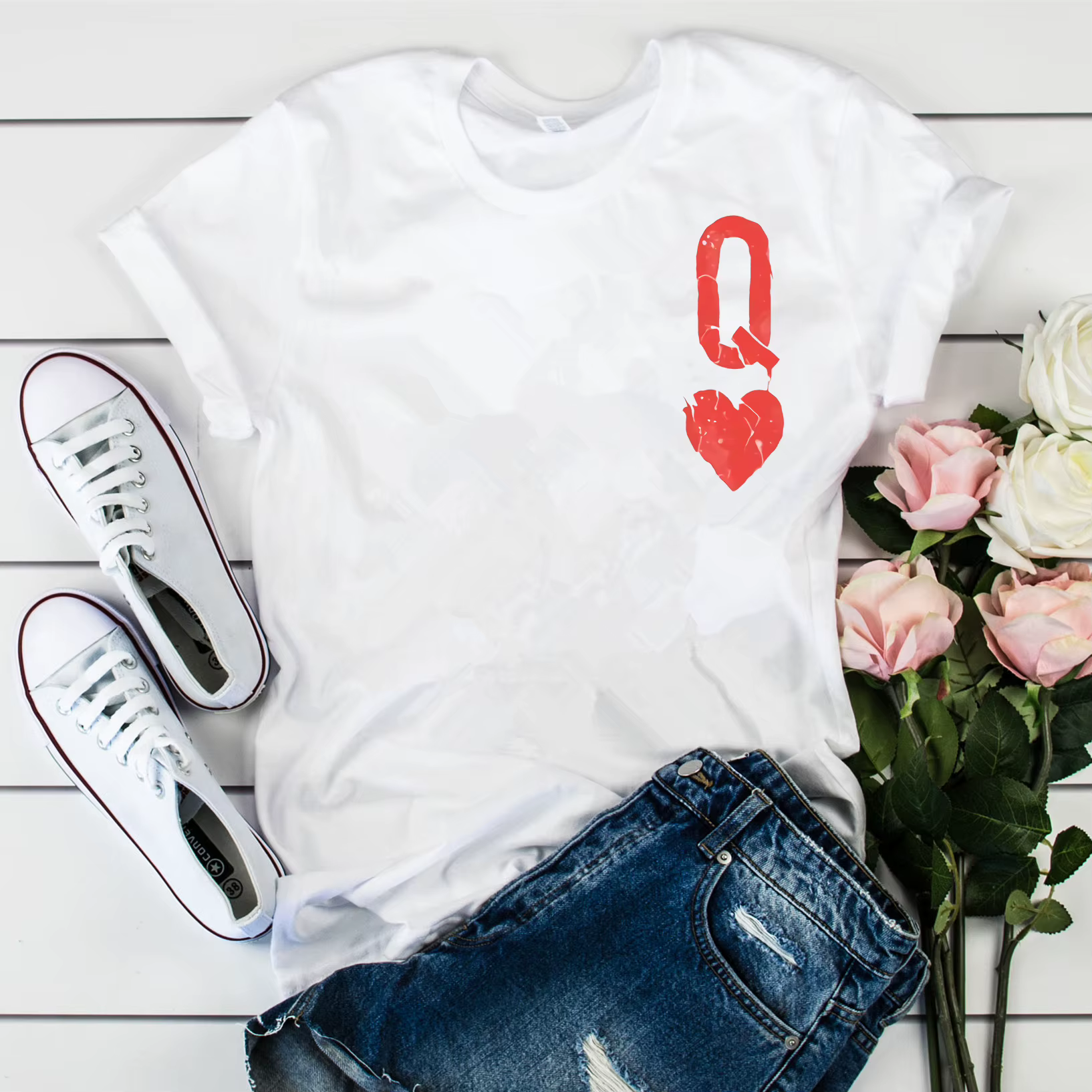 T-shirt reine des cœurs pour filles, Tumblr, cartes de poker, t-shirts graphiques Q, chemise Alice a