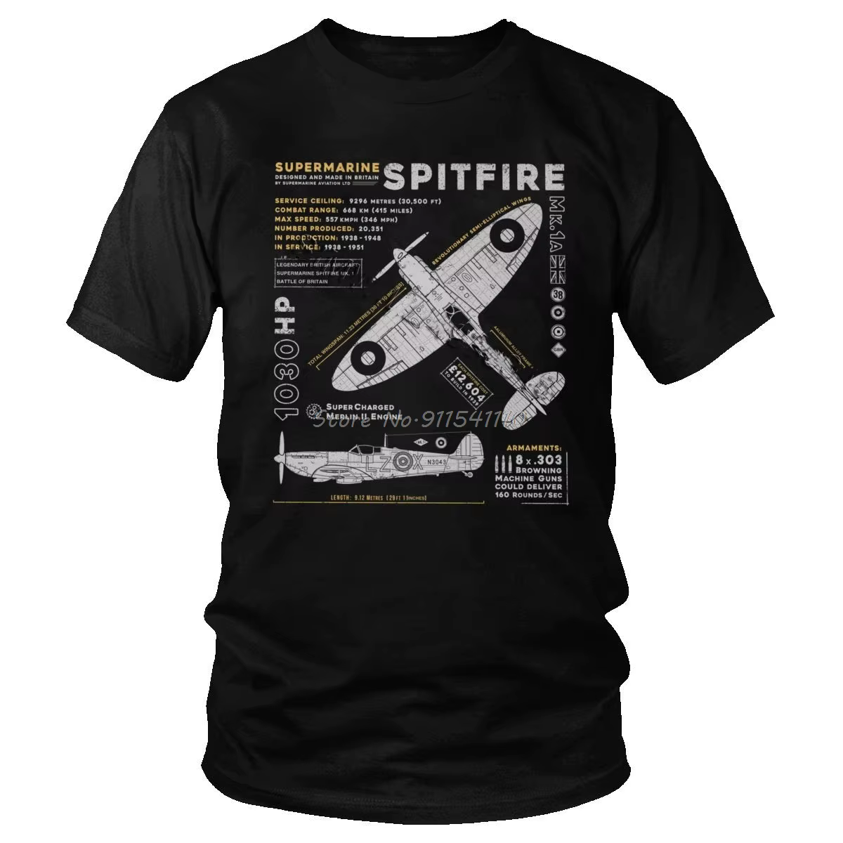Vintage Supermarine Spitfire MK 1 T-Shirt hommes coton T-Shirt à manches courtes avion de chasse pil