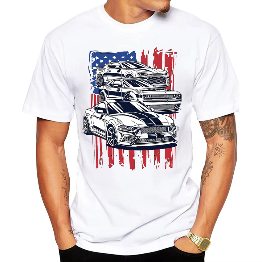 T-Shirt à manches courtes pour hommes, estival et décontracté, avec imprimé de voiture américaine, M
