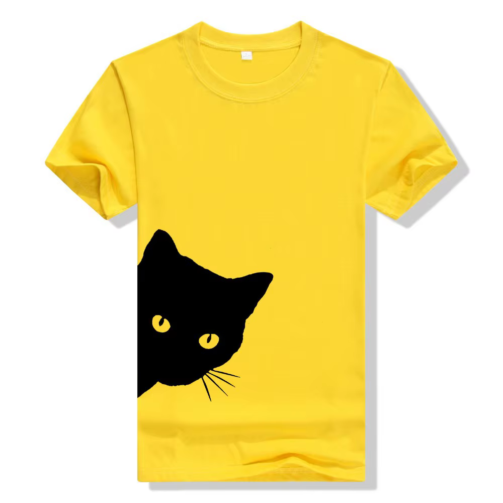 T-shirt manches courtes col rond femme blanc, estival et décontracté avec chat mignon imprimé, 2023