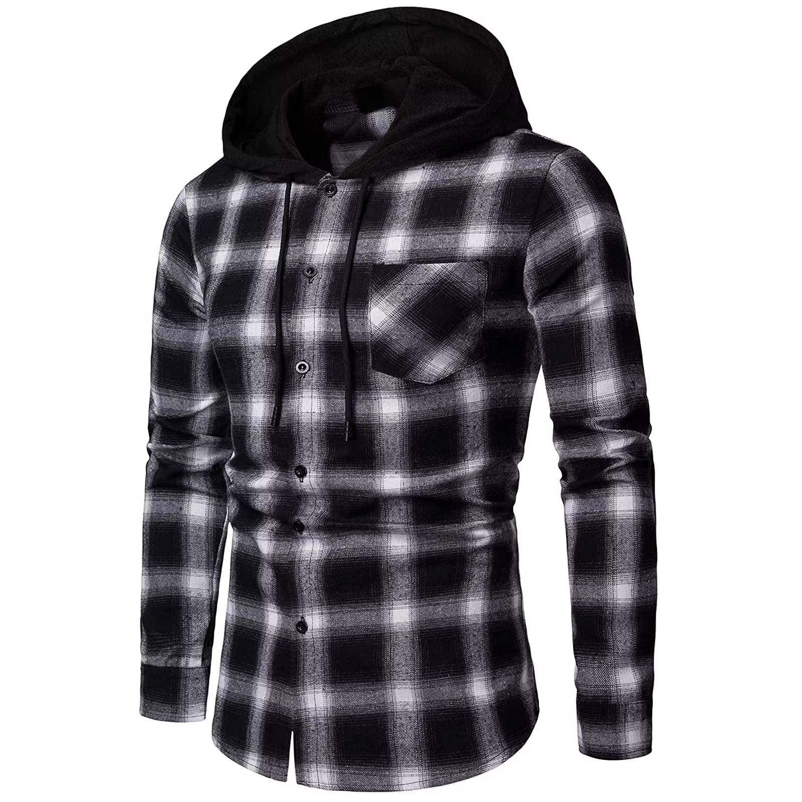 Chemises à carreaux décontractées pour hommes, pull en coton à manches longues, chemise à capuche, c