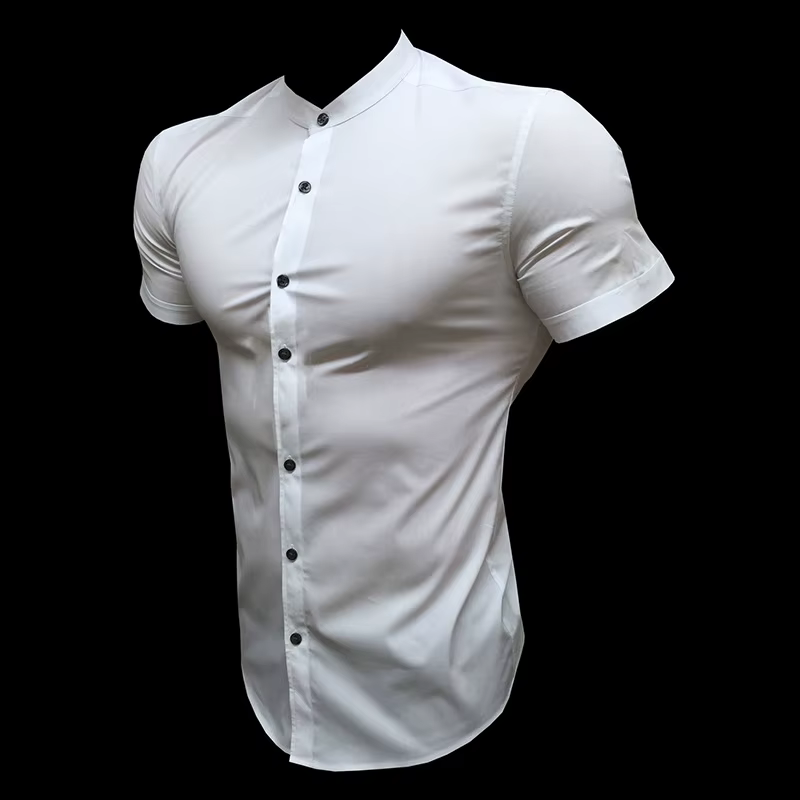 Mode d'été chemise à manches courtes hommes coupe ajustée affaires sociales col montant robe chemise