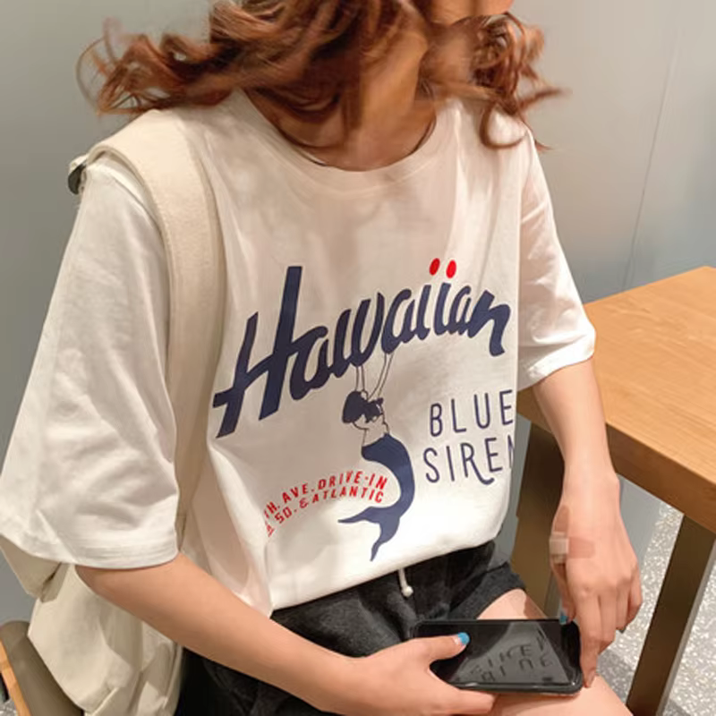 T-shirt graphique hawaïen pour femmes, ample, avec dessin animé imprimé, vacances, Harajuku