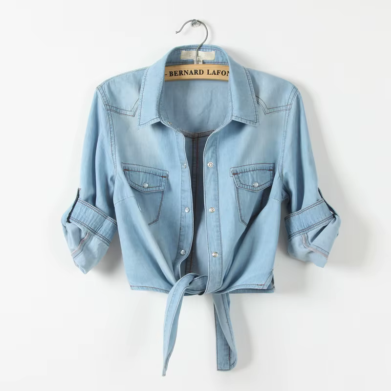 Chemise kimono en denim à manches courtes pour femmes, haut court en jean sexy, chemisier d'été cool