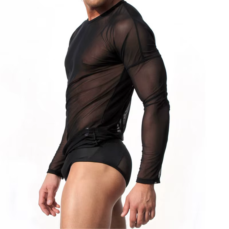 T-shirt Unique hommes Sexy Transparent à manches longues t-shirts hauts T-shirt maillot de corps aut