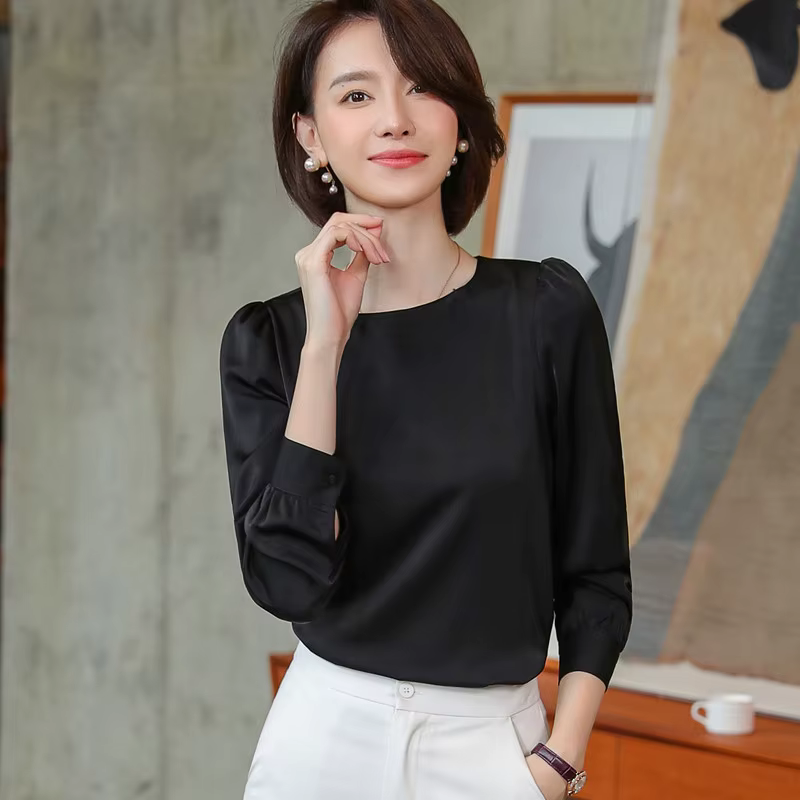 Chemise blanche à manches longues et col rond pour femme, chemisiers en mousseline de soie, bureau, 